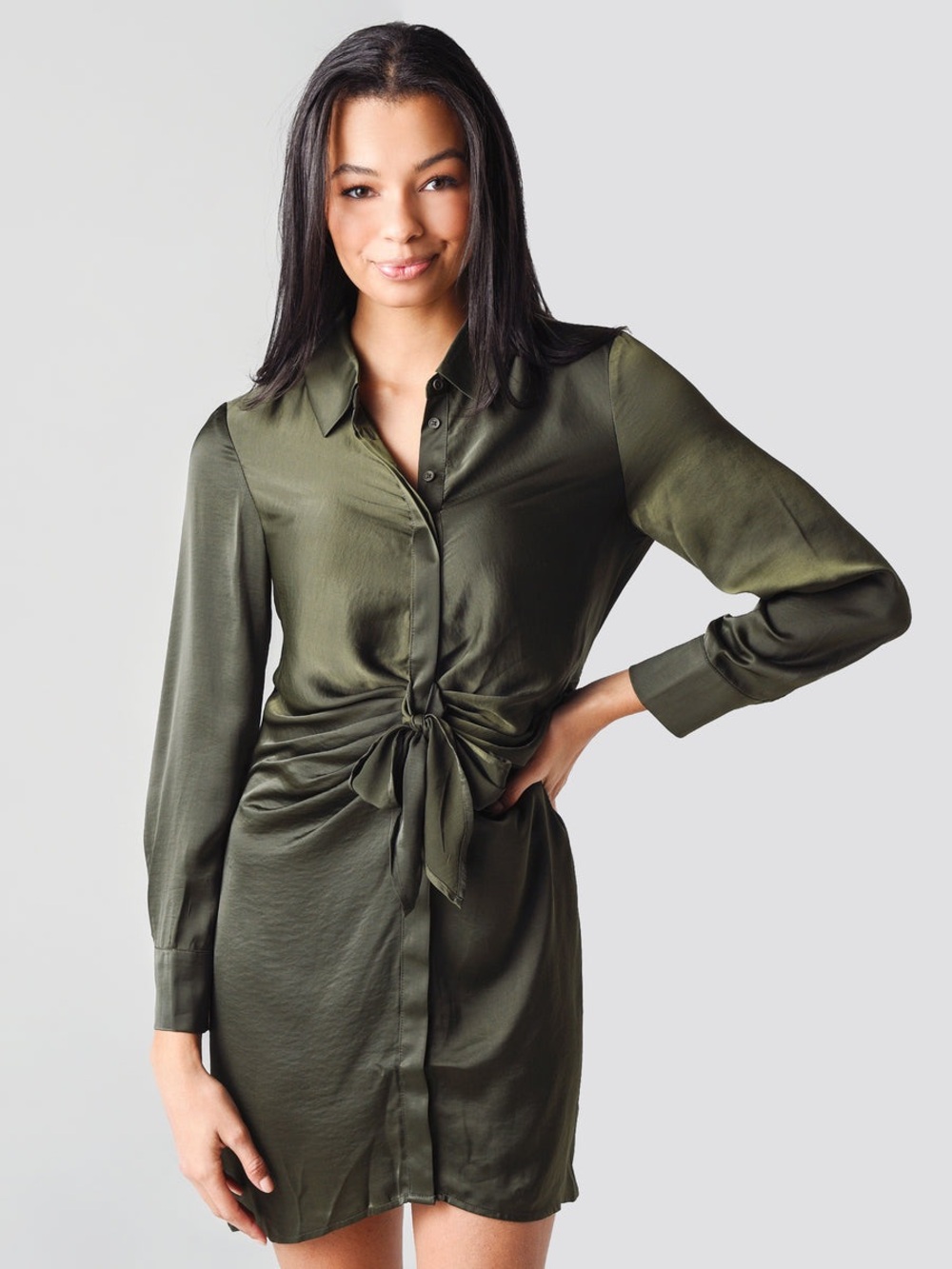 BB Dakota the curious one Olive Tie-Front Mini Shirt Dress XS